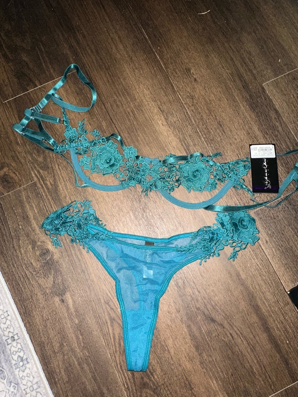 Teal Floral Lace Sheer Balconette Bra & Thong Set size s/m